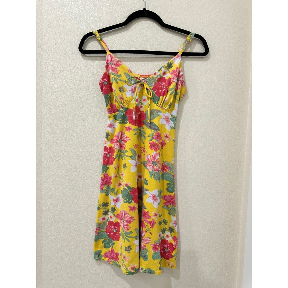 No Boundaries Womens Yellow Tropical Hibiscus Floral Tie Front Mini Dress Small